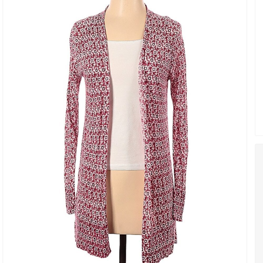Loft Womens SIze XS Open Duster Cardigan Thin Semi-Sheer Red White Purple Floral
